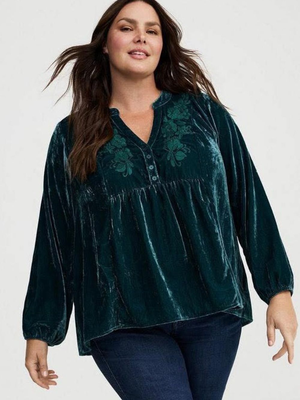 Torrid Deep Teal Embroidered Velvet Long Sleeve Blouse